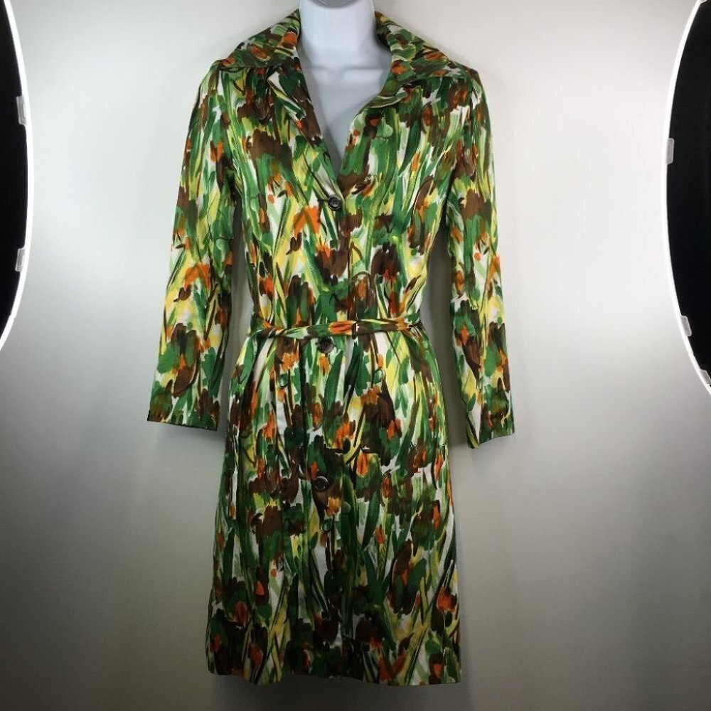 Milly Belted Button Down Green/Orange Print Long Spring Jacket